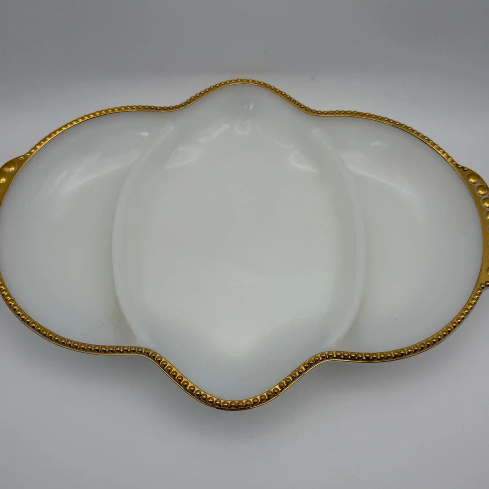Fire King Milk Glass Divided Relish Tray‎ Gold Beaded Rim Scalloped Vintage 11